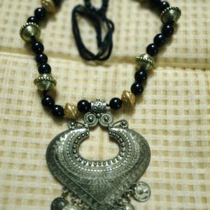 Black Beads Necklace With Golden Oxidised Big Pendant