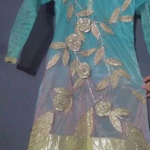 Sea Green And Pink Orange Ethnic Kurta With Dupatt