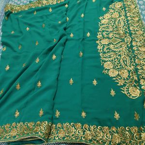 Beautiful Sea green Embroidery Work Saree