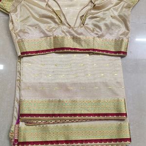 Nude Red Banarasi Silk Saree & Stitched Blouse