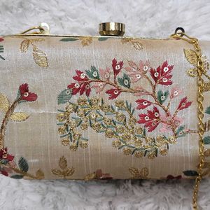 Beige Dupion Hand Embroidered Clutch Bag