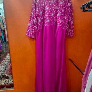 Long Gown Pink Colour White Thread Work