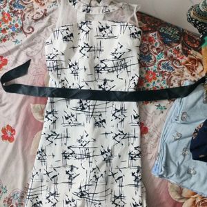 Off White Black Printed Branded Dress Knee Leng