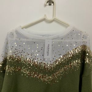 khaki green and white sweater with gold sequins