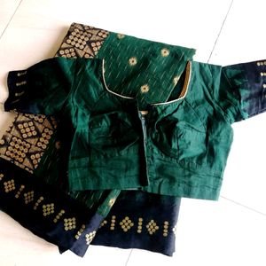 Printed Cotton Green Saree With Blouse