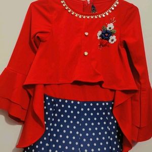 Red & Blue Dotted Print Dress For Girl 12- 14 Year