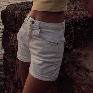 High Waisted White Denim Shorts