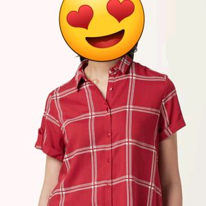 Red Checked Casual Half Sleeves Shirt Collar Women