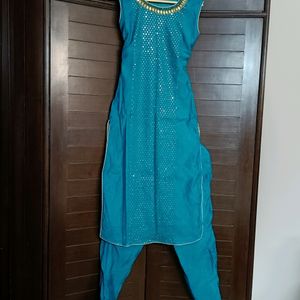 Women Blue Chanderi Cotton Embroidered Suit Set