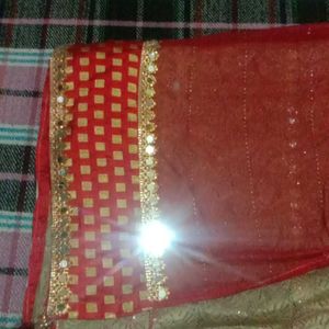 Red And Cream Colour Mirror Work Saree