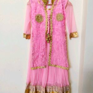 Pink Golden Layered Heavy Net Kurta