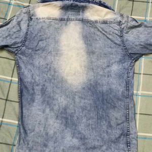 Denim Blue T-Shirt with Striped Sleeves