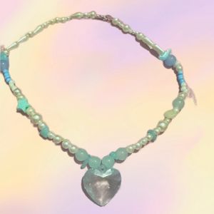 Handmade Couquette Heart  Necklace Blue