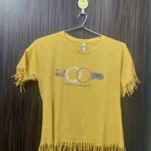 yellow fringe style printed top