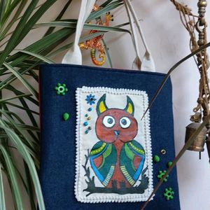 Artistic Owl Handpainted Tote Bag