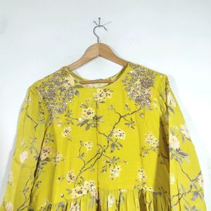 Lime Green Floral Print Anarkali (Women's)