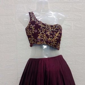 Maroon Velvet Blouse With Flare Lehenga