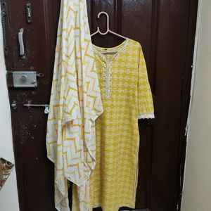 lemon yellow n white kurta set