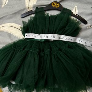 Girls Dark Green Stylish Sleeveless Net Frock