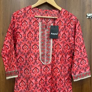 Red Floral Cotton Kurta For Women