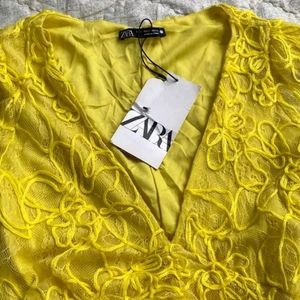 Zara Yellow Patterned Mesh Ruched Midi Dress