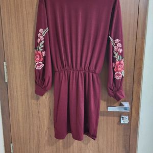 Burgundy Dress With Floral Sleeves