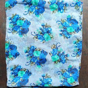 Blue Printed Chiffon Scarf With Tassels