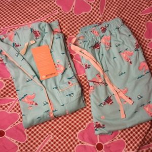 Zivame Nuts For U Knit Cotton Pyjama Set - Aruba Blue