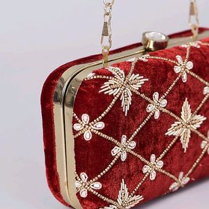 Maroon Velvet Handembroidered Clutch With Sling