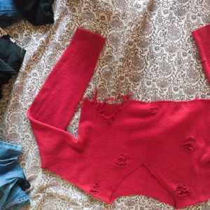 Red Woolen Distressed Crop Top