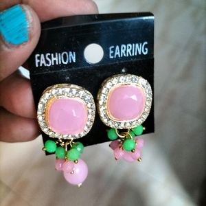 Stylish Earrings With Pink And Green Beads