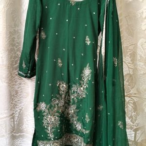 Beautiful green SKD With All Over Silver embroidery work