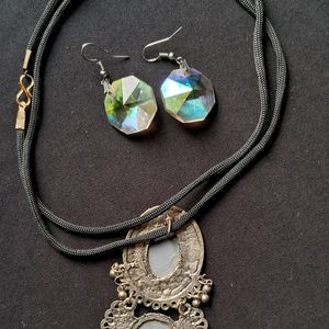 Tribal Mirror Necklace And diamond Earrings