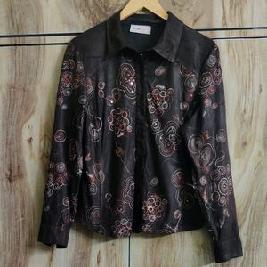 Dark Brown Embroidery Work Shirt Size-36