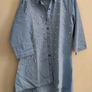 High Low Pattern Denim Pearl Dress