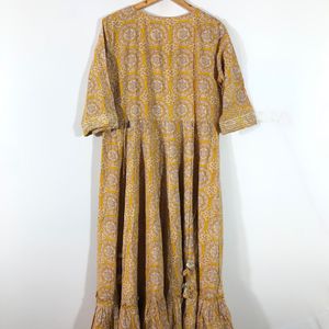 Mustard Yellow Printed Long Flared Kurta