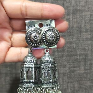 Silver Oxidized Temple Jhumki Earrings