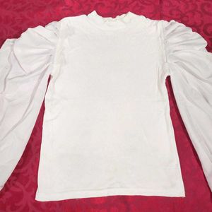 Balloon Sleeve Solid White Top For Women