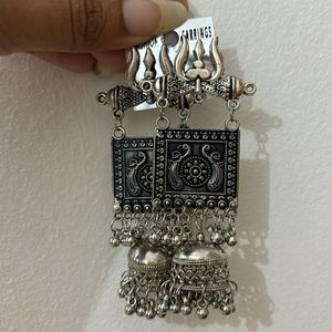 Trishul Shaped Oxidised Jhumka Earrings