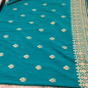 Peacock Colour Banarsi Saree With Gold Jari