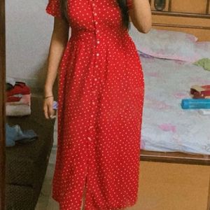 Red & White Polka Dots Print EmpireDress