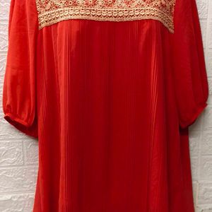 Casual Coral Color Embroidered Top