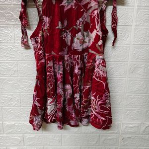 Red Floral Spaghetti Tie-Up Knot Top - For Medium