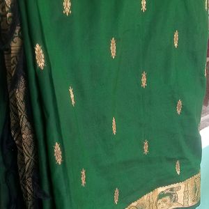 Beautiful Green Saree With Lord Krishna Pattern