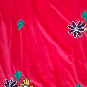 Red Colour Saree With Embroidery Flowers