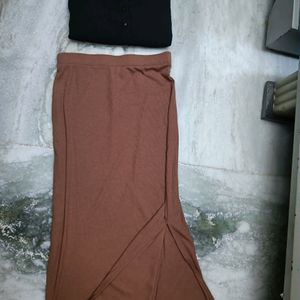 Brown Ribbed Slit Skirt With Shirt