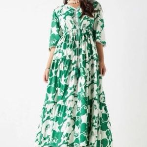 Floral Print A-line Maxi Dress (Green)