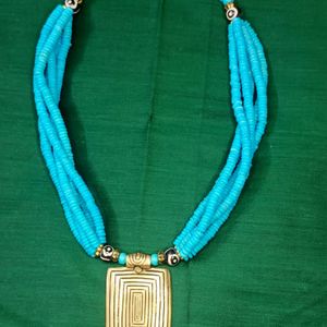 Blue Necklace With Gold Brass Pendant