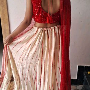 Red Velvet Backless Blouse Or Lehenga with Dupatta