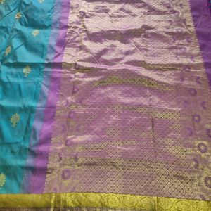 Teal With Purple Pure Silk Saree